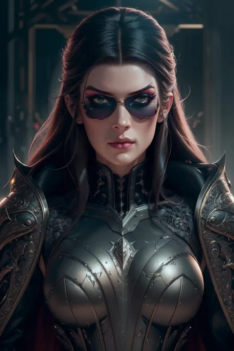 A stunning digital painting of (l4r4f8:1.5),masterpiece, best quality, high detailed, (As a female Punisher in episode eight, portray her in a black coat, symbolizing her mysterious and complex character. The vividly detailed, atmospheric 8k masterpiece will capture the intrigue and suspense that surrounds her, making it a mysterious, highly praised artwork.:1.5),(in the style of Adam Hughes:1.3),(A pair of bold, retro-inspired sunglasses that shield her eyes from the sun while simultaneously adding a touch of glamour to her overall look.:1.9),(A voluminous, layered style with plenty of body and movement, styled in loose waves that frame the face.:1.3),epic fantasy character art, concept art, fantasy art, a character portrait, fantasy art, vibrant high contrast,trending on ArtStation, dramatic lighting, ambient occlusion, volumetric lighting, emotional, Deviant-art, hyper detailed illustration, 8k, gorgeous lighting, <lora:VampiricTech:0.45>,vamptech,, wearing excessive makeup,Blush,Mascara,Eyebrow pencil,Eyeshadow,Eyeliner,Lip liner,Lip gloss,(Dramatic lashes:1.3),Cut crease,Ombre lips,Graphic eyeliner,extreme makeup, eye shadow, lipstick, excessive makeup