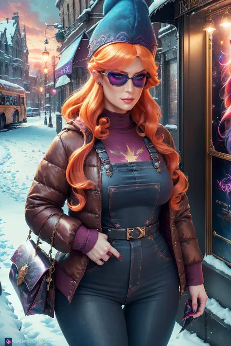 A stunning digital painting of (l4r4f8:1.7),masterpiece, best quality, high detailed, (As female Eric Cartman, create a stunning, high-definition masterpiece. Set in the town of South Park, she's in front of the iconic, colorful bus stop, her chubby figure bundled up in a bright red jacket, yellow mittens, and a blue hat covering her brown hair. The snow-covered streets and the eccentric town charm captured in the backdrop emphasizes the show's satirical humor.:1.5),(in the style of Roger Dean:1.3),(A pair of bold, retro-inspired sunglasses that shield her eyes from the sun while simultaneously adding a touch of glamour to her overall look.:1.9),(A bold, colorful wig that pops against the skin tone and adds a playful, unexpected twist to the overall look:1.3),epic fantasy character art, concept art, fantasy art, a character portrait, fantasy art, vibrant high contrast,trending on ArtStation, dramatic lighting, ambient occlusion, volumetric lighting, emotional, Deviant-art, hyper detailed illustration, 8k, gorgeous lighting, <lora:VampiricTech:0.45>,vamptech,, wearing excessive makeup,Blush,Mascara,Eyebrow pencil,Eyeshadow,Eyeliner,Lip liner,Lip gloss,(Dramatic lashes:1.3),Cut crease,Ombre lips,Graphic eyeliner,extreme makeup, eye shadow, lipstick, excessive makeup
