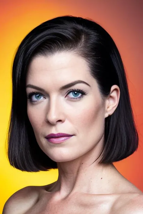 closeup portrait photo of l4r4f8 with colorful makeup and short straight hair posing for maxim magazine, studio lighting