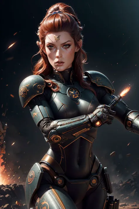 a realistic digital painting of (l4r4f8:1.3), In the heart of a bustling training ground, a female human Fighter (photorealistic:1.35) is engaged in intense sparring. Her face, marked with (practical, subtle makeup:1.2), shows a display of determination. Her sword crosses with her opponent's, creating a spark of magic. The busy training yard, the practicing soldiers, and the Fighter's undeterred focus capture the essence of combat  , High ponytail with a leather bow: A sleek high ponytail with a black leather bow wrapped around the base, giving a subtle yet edgy touch to the look. wearing (As Millium Orion, the energetic and cheerful Intelligence Division operative, set against the backdrop of the imposing Imperial fortress, with her robotic companion Airgetlam, in her Thors Military Academy uniform.:1.2) , (In a high kick pose, she balances on one leg, the other extended high and straight. One arm reaches out to the side, the other guards her face. Her gaze is fierce, powerful.:1.1) ,(subsurface scattering,atmospheric lighting,A mesmerizing, hyper-realistic portrayal,incredibly detailed,vibrant high contrast,trending on ArtStation,An inspiring, ultra-high-resolution image,award-winning digital painting,unreal engine,hyper detailed illustration,unforgettable promo image,ultra detailed,professional majestic oil painting,8k quality,Beautifully realistic,concept art,smooth skin,lifelike textures,Deviant-art,epic composition,masterful artwork,elegant,iconic and memorable:1.2), <lora:Luis Royo and Woman v.2:0.75>