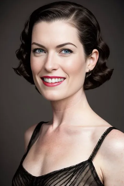 closeup portrait photo of young l4r4f8 smiling with makeup and short straight hair posing for maxim magazine and wearing a 1920s flapper dress, studio lighting