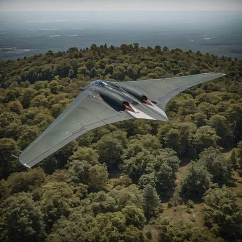 cinematic photo of a ho229 flying at tree top level, HDR, highly detailed, color graded, motion blur, professional, detailed skin <lora:ho229-000014:0.0>, (back view:1.2)