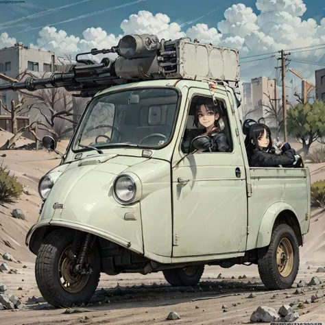 unity 8k wallpaper,masterpiece,Cinematic Lighting,best quality,Illustration,crystal,divine,antichrist,illustrtion,high resolution,extremely detailed CG,official art,production art,by famous artist,1girl,(driving:1.3),looking at viewer,ammunition belt,white gloves,breasts,long black hair,optical mixing,playful patterns,lively texture,unique visual effect,evil smile,straight-on,daihatsu_midget,<lyco:daihatsu_midget_v10:0.6>,daihatsu_midget,missile pod and gatling gun on daihatsu_midget,(from side,Desert),