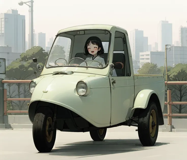 masterpiece,best quality,daihatsu_midget,(three-wheeler:1.3),wide shot,
1girl,riding daihatsu_midget,:d,closed eyes,open mouth,
outdoors,japan,shouwa,60's,sunset,city,
<lyco:daihatsu_midget_v10:0.6>