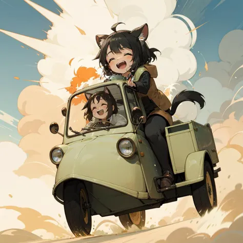 masterpiece,best quality,daihatsu_midget,(three-wheeler:1.3),(explosion:1.4),
a lot chibis riding daihatsu_midget,(giggling,happy:1.2),closed eyes,open mouth,animal ears and tail,
<lyco:daihatsu_midget_v10:0.6>
