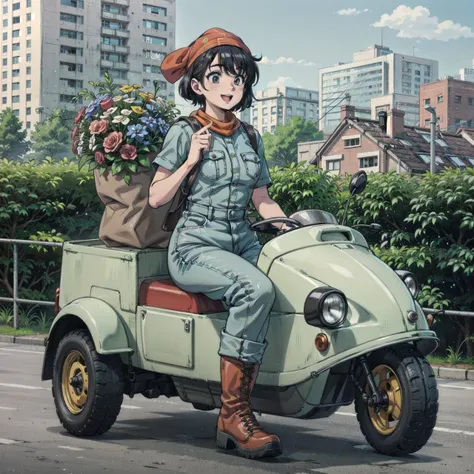 (masterpiece:1.2),
(1girl carrying bouquet:1.2),
(happy:1.2),
(attractive,absurdres:1),
(outdoor,residential area,flower shop:1.2),
(bandana,shirt,denim Jumpsuit,boots:1.2),
(supermodel:1.4),(muscular:1),(wide hips:1.2),
<lora:hipoly3DModelLora_v20:0.2>,
<lora:flat2:-0.5>,
 <lyco:daihatsu_midget_v10:0.6>,daihatsu_midget,(three wheeler:1.3)