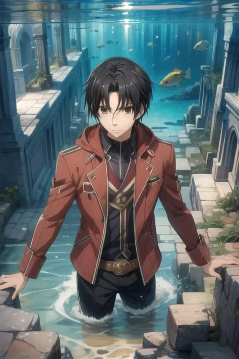 masterpiece, best quality, wallpaper, 1boy, solo, male focus, looking at viewer, , depth of field, anime coloring, , <lora:shouta_kisa:0.68>, shouta_kisa, black hair, brown eyes, , Atlantis: A lost city of great wisdom and power, now drowned beneath the sea,