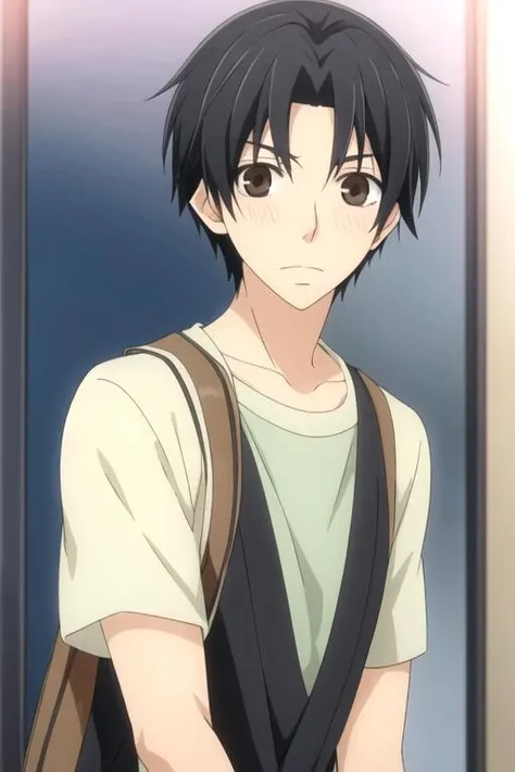 masterpiece, best quality, movie still, 1boy, solo, male focus, looking at viewer, upper body, depth of field, (watercolor illustration, soft pastel colors:1.1), , <lora:shouta_kisa:0.66>, shouta_kisa, black hair, brown eyes