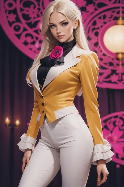 highly detailed woman, closeup, <lora:Nobody_MackenzieDream-48:0.75>, dr34m, blonde hair, Fuchsia, with modern style, radiant light, unreal engine, wearing r1d3r, (formal jacket), long sleeves, (tailcoat), white pants, ascot, frills, high collar,  high heel boots, cuffs, buttons, flower, puffy sleeves,<lora:VictorianRidingOutfit:0.6>, Bold asymmetrical cut ,  Vintage 90's anime style, __CC_various_background__, by hajime sorayama, greg tocchini, virgil finlay, sci-fi, colors, line art.