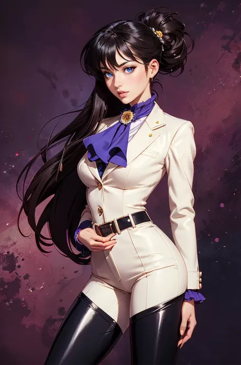 highly detailed woman, HHUD, <lora:HUD3:1>, Lora:HUD2:0.6>, __,  __CC_lipstick_normal_color__, with modern style, radiant light, unreal engine, wearing r1d3r, (formal jacket), long sleeves, (tailcoat), white pants, ascot, frills, high collar,  high heel boots, cuffs, buttons, flower, puffy sleeves,<lora:<lora:VictorianRidingOutfit:0.75>, __CC_female_hair_style_sexy__ , black hair,  blue eyes, Vintage 90's anime style,__CC_various_background__, by hajime sorayama, greg tocchini, virgil finlay, sci-fi, colors, line art.