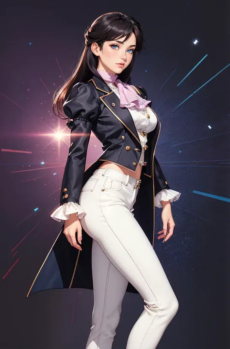 highly detailed woman, HHUD, <lora:HUD3:1>, Lora:HUD2:0.6>, __, __CC_lipstick_normal_color__, with modern style, radiant light, unreal engine, wearing r1d3r, (formal jacket), long sleeves, (tailcoat), white pants, ascot, frills, high collar, high heel boots, cuffs, buttons, flower, puffy sleeves,<lora:<lora:VictorianRidingOutfit:0.75>, __CC_female_hair_style_sexy__ , black hair, blue eyes, Vintage 90's anime style,__CC_various_background__, by hajime sorayama, greg tocchini, virgil finlay, sci-fi, colors, line art.