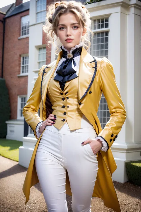 (realistic:1.3), finely detailed, quality, rembrandt lighting, (masterpiece:1.2), (photorealistic:1.2), (best quality), (detailed skin:1.3), (intricate details), dramatic, ray tracing, 1girl, british girl, 21 years old, detailed skin texture, (blush:0.5), (goosebumps:0.5), subsurface scattering, smiling, medium breasts, short hair curls, bangs, hair between eyes, r1d3r, (formal jacket), long sleeves, (tailcoat), white pants, ascot, frills, high collar, cuffs, buttons, flower, puffy sleeves, cowboy shot, (bright sunny day, equestrian field, sky, trees, grand victorian mansion far away),  <lora:VictorianRidingOutfit:0.8>