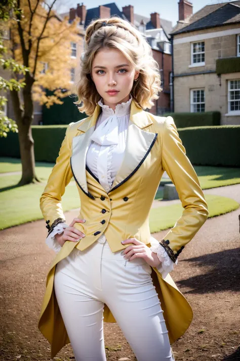 (realistic:1.3), finely detailed, quality, rembrandt lighting, (masterpiece:1.2), (photorealistic:1.2), (best quality), (detailed skin:1.3), (intricate details), dramatic, ray tracing, 1girl, british girl, 21 years old, detailed skin texture, (blush:0.5), (goosebumps:0.5), subsurface scattering, smiling, medium breasts, short hair curls, bangs, hair between eyes, r1d3r, (formal jacket), long sleeves, (tailcoat), white pants, ascot, frills, high collar, cuffs, buttons, flower, puffy sleeves, cowboy shot, one hand on hip, (bright sunny day, outdoors, equestrian field, sky, trees, grand victorian mansion far away), <lora:VictorianRidingOutfit:0.8>