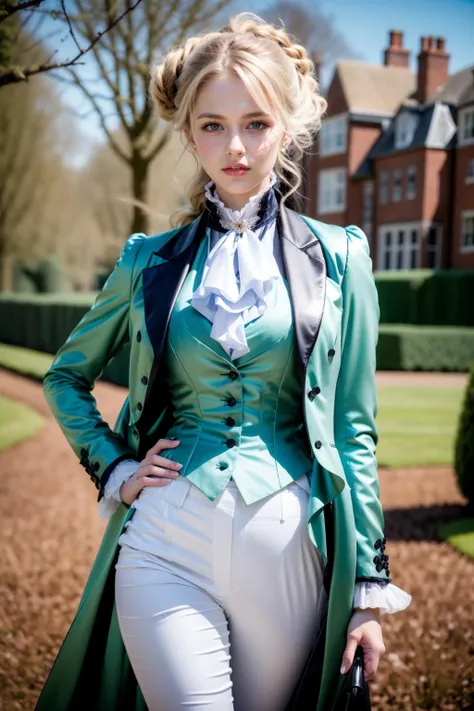(realistic:1.3), finely detailed, quality, rembrandt lighting, (masterpiece:1.2), (photorealistic:1.2), (best quality), (detailed skin:1.3), (intricate details), dramatic, ray tracing, 1girl, british girl, 21 years old, detailed skin texture, (blush:0.5), (goosebumps:0.5), subsurface scattering, smiling, medium breasts, short hair curls, bangs, hair between eyes, r1d3r, (formal jacket), long sleeves, (tailcoat), white pants, ascot, frills, high collar, cuffs, buttons, flower, puffy sleeves, cowboy shot, one hand on hip, (bright sunny day, outdoors, equestrian field, sky, trees, grand victorian mansion far away),  <lora:VictorianRidingOutfit:0.8>