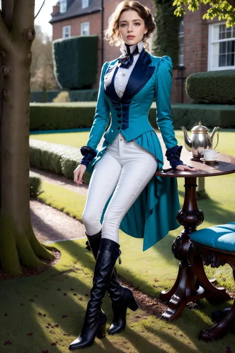 (realistic:1.3), finely detailed, quality, rembrandt lighting, (masterpiece:1.2), (photorealistic:1.2), (best quality), (detailed skin:1.3), (intricate details), dramatic, ray tracing, 1girl, british girl, 21 years old, detailed skin texture, (blush:0.5), (goosebumps:0.5), subsurface scattering, smiling, medium breasts, short hair curls, bangs, hair between eyes, r1d3r, (formal jacket), long sleeves, (tailcoat), white pants, ascot, frills, high collar, high heel boots, cuffs, buttons, flower, puffy sleeves, full body, sitting, chair, tea pot, tea cup, table, (bright sunny day, outdoors, equestrian field, sky, trees, grand victorian mansion far away), <lora:VictorianRidingOutfit:0.8>