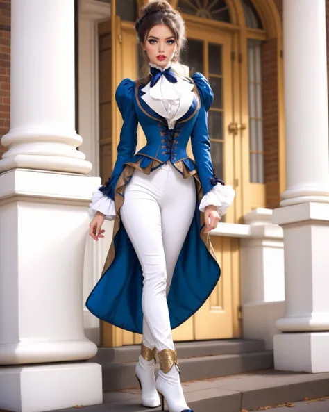 1girl, solo, adult mature woman, high quality, best quality, highres, high detail, <lora:VRO-52:0.75>, r1d3r, (white gilded ornate jacket), long sleeves, (tailcoat), white pants, ascot, frills, contrapposto, high collar,  high heel boots, cuffs, buttons, flower, puffy sleeves, cleavage cutout, breasts apart, corset,  parted lips, eyeliner, eyeshadow, makeup, ((lip liner))