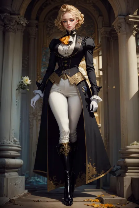 (masterpiece, best quality, ultra-detailed:1.3), 1girl wearing a r1d3r, (formal jacket), long sleeves, red (tailcoat), white pants, ascot, frills, high collar, high heel boots, cuffs, buttons, flower, puffy sleeves, white gloves, magical, enchanting, vibrant colors, medium breasts, curvy BREAK short blonde hair, laced hair  <lora:epiNoiseoffset_v2> <lora:VictorianRidingOutfit:0.8:LBW=0,0,0,0,0,1,1,1,1,1,1,0,0,0,0,0,0;>