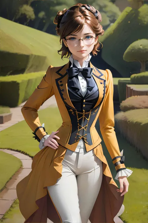 <lora:victorianridingoutfit-sophorium:0.8>, r1d3r, jacket, tailcoat, pants, trim, cuffs, frills, corset, stand-up collar, bowtie, garden, <lora:bzl:0.8>, bzl_test, short wavy brown hair, (freckles:0.4), (closed smile:0.4), glasses || fashion portrait, skin, hair, fabric, masterpiece, 8k, high resolution, shallow depth of field, sharp focus