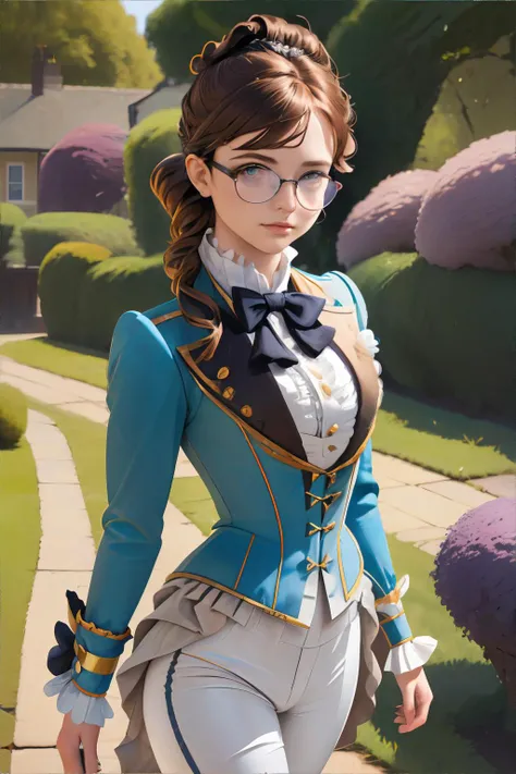 <lora:victorianridingoutfit-sophorium:0.8>, r1d3r, jacket, tailcoat, pants, trim, cuffs, frills, corset, stand-up collar, bowtie, garden, <lora:bzl:0.8>, bzl_test, short wavy brown hair, (freckles:0.4), (closed smile:0.4), glasses || fashion portrait, skin, hair, fabric, masterpiece, 8k, high resolution, shallow depth of field, sharp focus