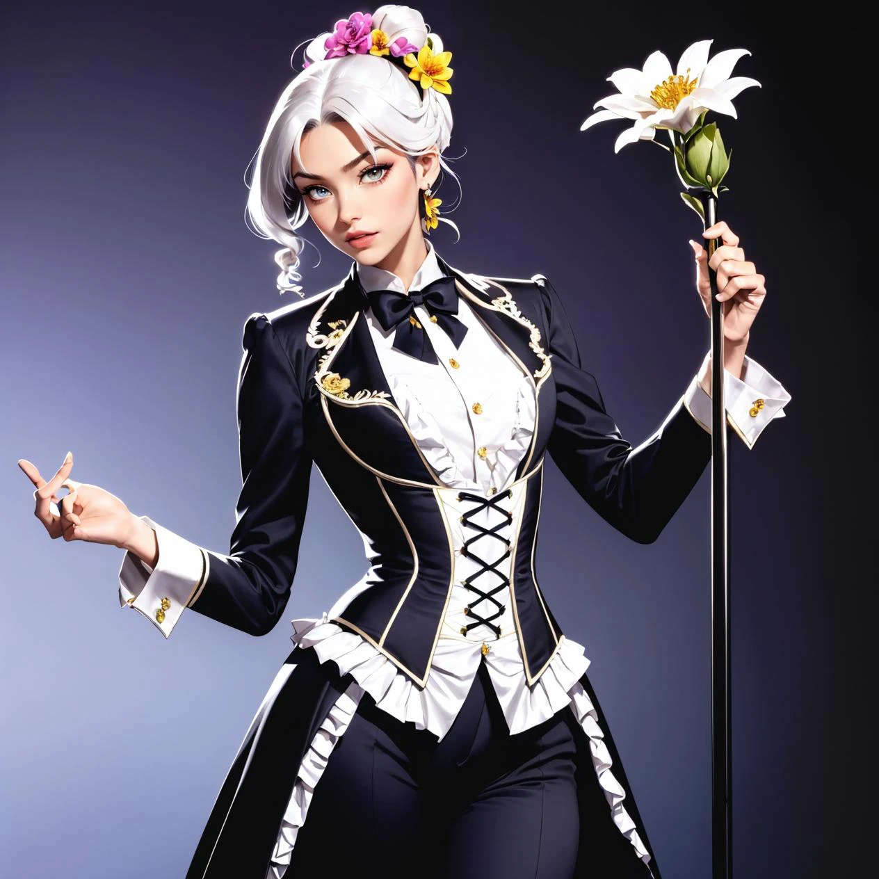 (by Tsutomu Nihei:1.3), background dance floor, (flamenco dancing:1.2), (solo:1.3),r1d3r, jacket, tailcoat, tiara, pants, trim, cuffs, frills, corset, stand-up collar, bowtie,<lora:Outfit_soph-VictorianRidingDressRoyal:0.7>, (half body photo:1.3), solo, adult, pale skin, eyeliner, lipstick, long eyelashes, woman, medium breasts, mature,(swept-back updo hair, flower hair barette:1.3), ((tall coiffures and updo wig)),