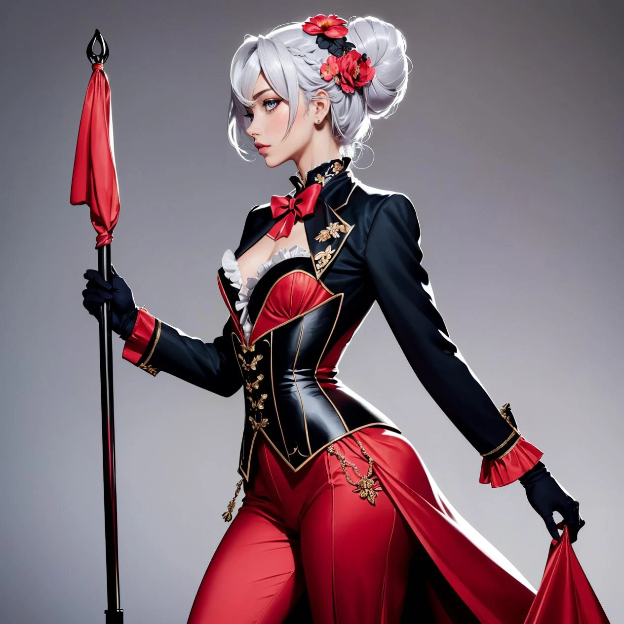 (by Tsutomu Nihei:1.3), background dance floor, (flamenco dancing:1.2), (solo:1.3),r1d3r, jacket, tailcoat, tiara, pants, trim, cuffs, frills, corset, stand-up collar, bowtie,<lora:Outfit_soph-VictorianRidingDressRoyal:0.7>, (half body photo:1.3), solo, adult, pale skin, eyeliner, lipstick, long eyelashes, woman, medium breasts, mature,(swept-back updo hair, flower hair barette:1.3), ((tall coiffures and updo wig)),