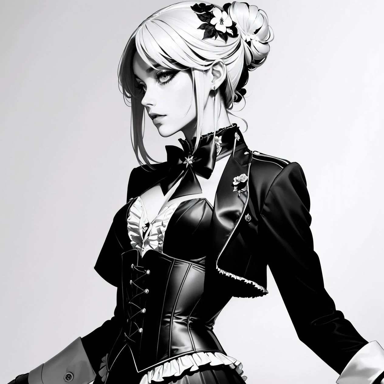 (by Tsutomu Nihei:1.3), background dance floor, (flamenco dancing:1.2), (solo:1.3),r1d3r, jacket, tailcoat, tiara, pants, trim, cuffs, frills, corset, stand-up collar, bowtie,<lora:Outfit_soph-VictorianRidingDressRoyal:0.7>, (half body photo:1.3), solo, adult, pale skin, eyeliner, lipstick, long eyelashes, woman, medium breasts, mature,(swept-back updo hair, flower hair barette:1.3), ((tall coiffures and updo wig)),