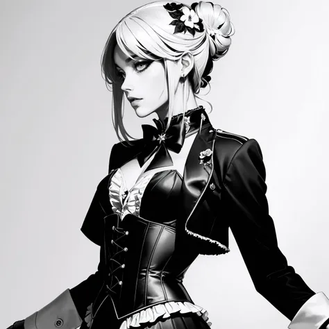 (by Tsutomu Nihei:1.3), background dance floor,  (flamenco dancing:1.2),  (solo:1.3),r1d3r, jacket, tailcoat, tiara, pants, trim, cuffs, frills, corset, stand-up collar, bowtie,<lora:Outfit_soph-VictorianRidingDressRoyal:0.7>, (half body photo:1.3), solo, adult, pale skin, eyeliner, lipstick, long eyelashes, woman, medium breasts, mature,(swept-back updo hair, flower hair barette:1.3), ((tall coiffures and updo wig)),