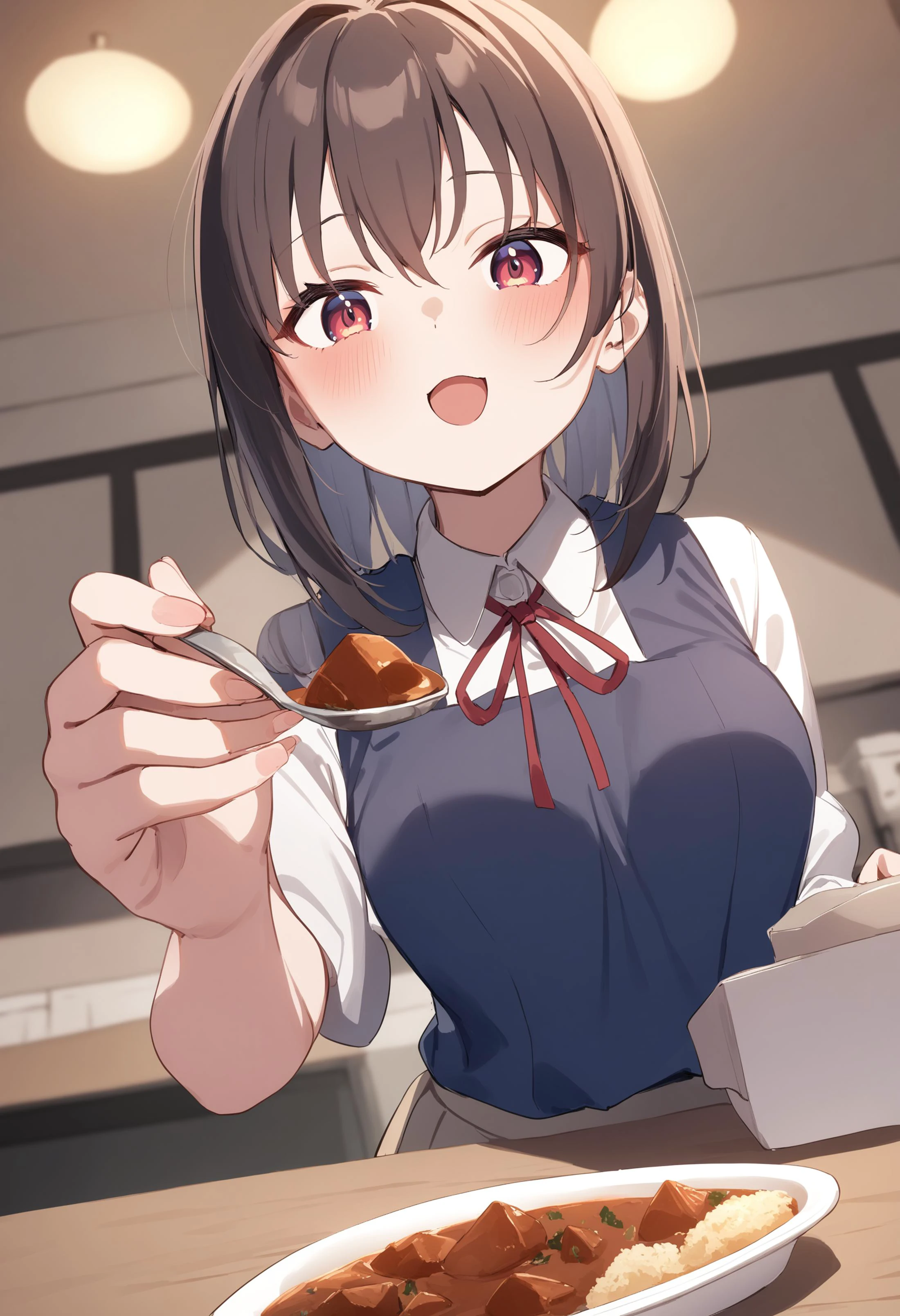 1girl,sincos, ningen mame, toosaka asagi,solo,medium breasts,school uniform,
feeding, food, open mouth, incoming food, looking at viewer, holding spoon, curry, <lora:feeding_XL_v1:0.9>
from below, upper body, brown hair, brown eyes,dark persona, Greek Santorini Island, single hair,,
best quality, very aesthetic, absurdres
