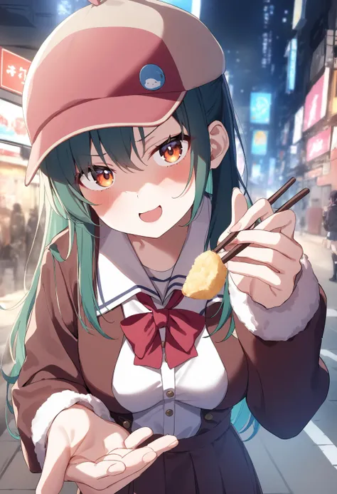 1girl,sincos, ningen mame, toosaka asagi,solo,medium breasts,school uniform,
feeding, food, open mouth, incoming food, looking at viewer, holding chopsticks, bento, <lora:feeding_XL_v1:0.9>
from above, upper body, green hair, orange eyes,smug face, in cyberpunk city, bowl cut hair,,
best quality, very aesthetic, absurdres