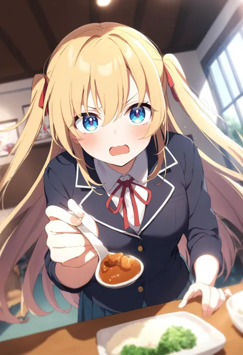 1girl,sincos, ningen mame, toosaka asagi,solo,medium breasts,school uniform,
feeding, food, open mouth, incoming food, looking at viewer, holding spoon, curry, <lora:feeding_XL_v1:0.9>
ceiling, cinematic angle, blonde hair, blue eyes,serious, plateau, shiny hair,,
best quality, very aesthetic, absurdres