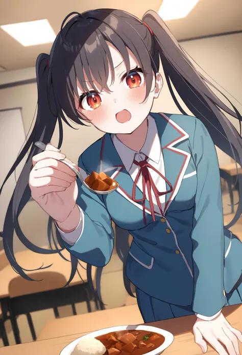 1girl,sincos, ningen mame, toosaka asagi,solo,medium breasts,school uniform,
feeding, food, open mouth, incoming food, looking at viewer, holding spoon, curry, <lora:feeding_XL_v1:0.9>
dutch angle, panorama shot, gray hair, orange eyes,guilt, meeting room, twintails hair,,
best quality, very aesthetic, absurdres