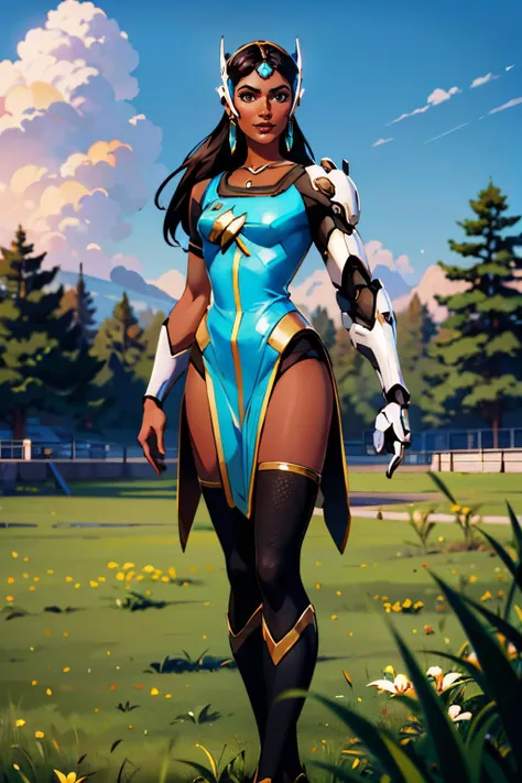symmetra2,dark skin, brown eyes, long black hair,blue dress,headgear, mechanical arm,single mechanical arm, thigh highs, looking at viewer, smiling, standing, outside,park, grass, trees, winter, high quality, masterpiece, <lora:Symmetra:.7>
