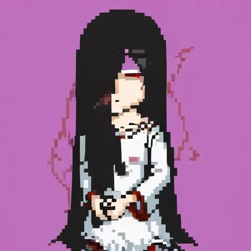 ((masterpiece)),(best quality), absurdres,sadako_yamamura,red eyes, white dress,<lora:Sadakobest:0.9>, <lora:lisaThePainfulBattle_pixelpainful:1>,pixelpainful,