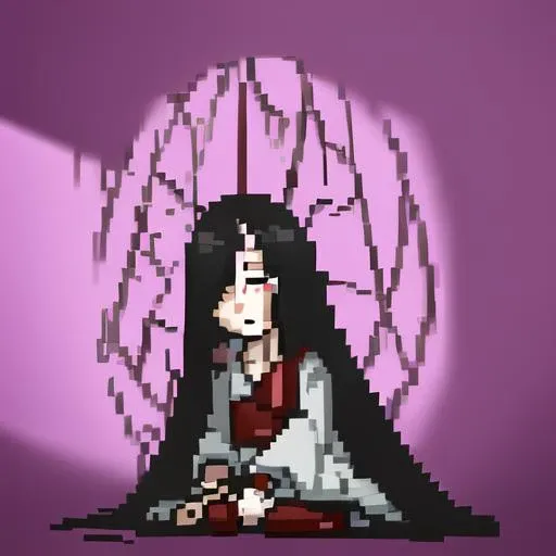 ((masterpiece)),(best quality), absurdres,sadako_yamamura,red eyes, white dress,<lora:Sadakobest:0.9>, <lora:lisaThePainfulBattle_pixelpainful:1>,