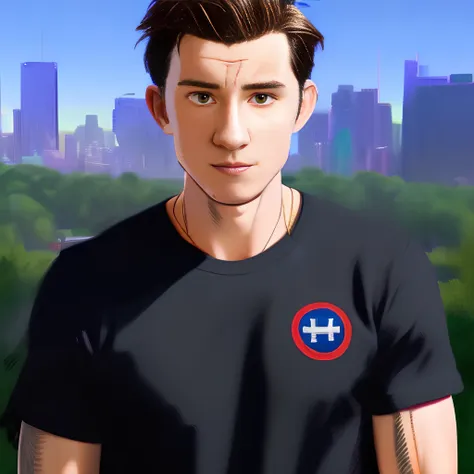 (smitsv ) (realistic) style of  tom holland wearing a t-shirt in the middle of the city , (portrait) (close-up shot)