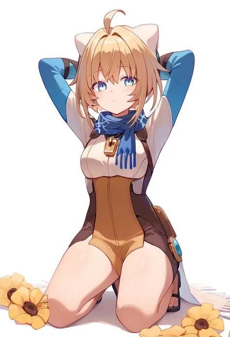 score_9,lynx landau,1girl,blue scarf,ahogekneeling, arms behind head, seiza,solo,looking at viewer,flower,full body,simple background,white background,score_9,<lora:pony_char_lynx_landau-000060:1>