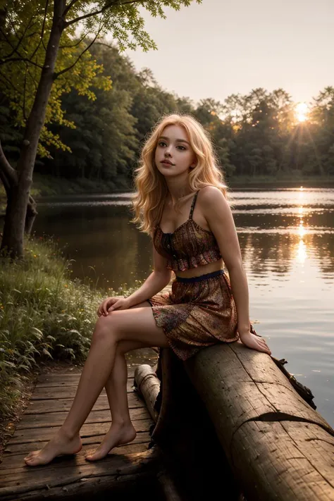 tv_Aurelie_MXAI, (((relaxed))), \"epic-Ultra-HD-details\", \"epic-Ultra-HD-highlights\", PA7_Portrait-FL, PA7_Human-Likeness, , , calm expression, wearing a colorful sundress, sitting on a log at a misty forest pond, golden hour, shot from the side,, 8k resolution, highres, high detail, sharp focus, detailed skin, 8k uhd, bokeh, analog photography