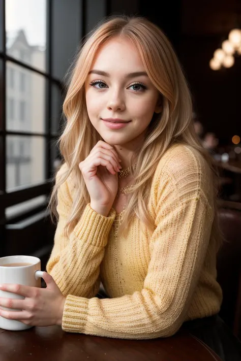 tv_Aurelie_MXAI, (((relaxed))), \"epic-Ultra-HD-details\", \"epic-Ultra-HD-highlights\", PA7_Portrait-FL, PA7_Human-Likeness, , , wearing a cozy knitted sweater, sitting in a café, holding a steaming mug with both hands, happy expression,, 8k resolution, highres, high detail, sharp focus, detailed skin, 8k uhd, bokeh, analog photography