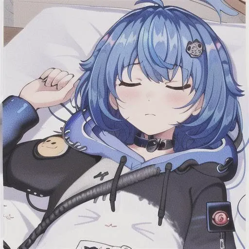 1girl, solo,pajamas, lying,on back, right hand on face, (sleepy:1.2),one eyes closed, on bed, ahoge, bangs, blue_hair, brown_eyes, choker, hair_ornament, hoodie, hood down, collar, virtual_youtuber  <hypernet:Mana Renewal:1>