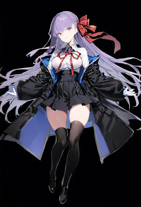 masterpiece, best quality, ultra-detailed, beautiful, nai3, 1girl, solo, full_body, tachi-e,
bb \(fate/extra\), bb \(fate\),
bbdef, hair ribbon, black coat, open coat, white shirt, neck ribbon, long sleeves, white gloves, black skirt, high-waist skirt, black thighhighs