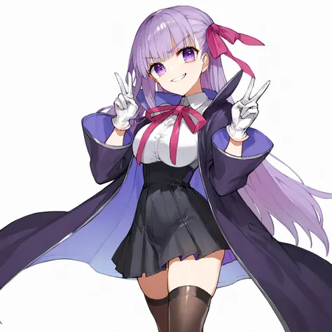 (score_9, score_8_up, score_7_up, score_6_up, score_5_up, score_4_up), 1girl, solo, (bbdef, hair ribbon, black coat, purple coat, open coat, white shirt, neck ribbon, long sleeves, white gloves, black skirt, high-waist skirt, black thighhighs, purple long hair), (big eyes, huge eyes), (large breasts), (arco wada, by arco wada), (smug, smirk), standing, (straight-on, looking at viewer), (white background, plain background), double v,