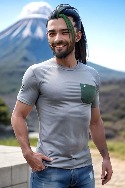 realistic,masterpiece, high quality, <lora:Nemona_PKMN-000007:0.8>,Midshot of Nemona standing, Granite gray t-shirt, smiling, long hair,volcano, green hair streak,