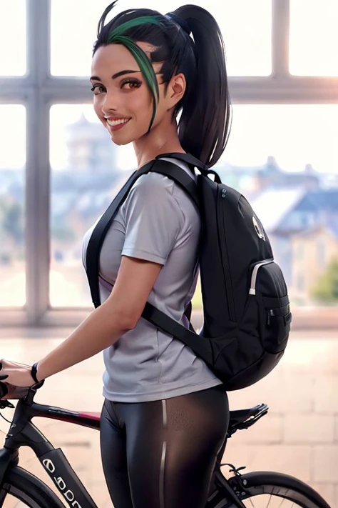 realistic,masterpiece, high quality, <lora:Nemona_PKMN-000007:0.8>,Midshot of Nemona standing, beautiful woman,Dark orange t-shirt, smiling, long hair,arena, green hair streak, spandex leggings, wearing a backpack, pretty face, riding a bicycle, supermodel