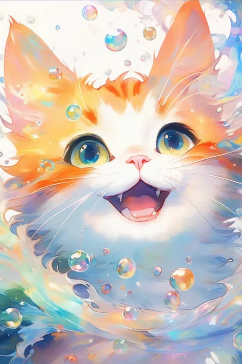 (((masterpiece))),(best quality),((ultra-detailed)),ghibli,sticker design,illustrator,anime style,
Watercolor painting orange_cat,laughing,Colorful colors,surrounded by water bubbles,in the style of Kawacy,Masterpiece,Oil painting drawn in anime style,head close - up,exaggerated perspective,Tyndall effect,water drops,mother - of - pearl iridescence,Holographic white,Vibrant,beautiful,painterly,textural,artistic,