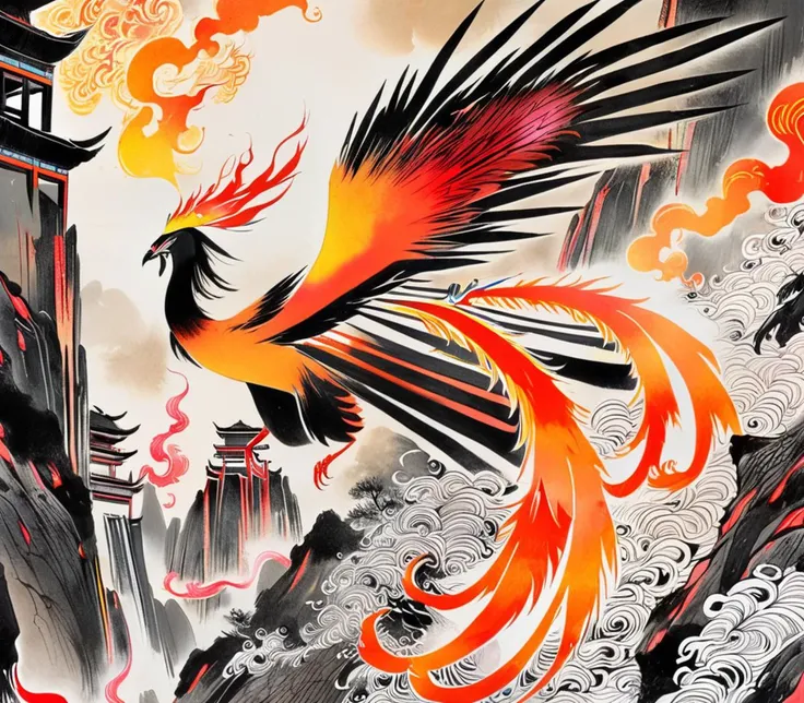 Phoenix, (flaming feathers), wings, ([fiery eyes|sharp beak]:1.2), [radiant plumage::10], vibrant ([feathery tail:molten claws:0.4]:1.1) from ([glowing body:fiery aura:0.4]:1.2), intense gaze, mythical powers, fiery talons, ancient ruins, [ethereal flames:0.1], [billowing feathers, mesmerizing patterns:0.4]
<lora:PAseer-SDXL-èäºå±±:0.8>cangyunshan,landscape,chinese ink painting