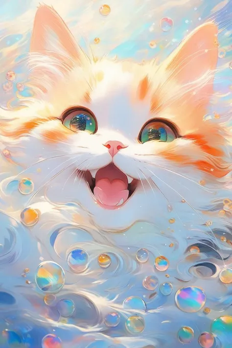 (((masterpiece))),(best quality),((ultra-detailed)),ghibli,sticker design,illustrator,anime style,
Watercolor painting orange_cat,laughing,Colorful colors,surrounded by water bubbles,in the style of Kawacy,Masterpiece,Oil painting drawn in anime style,head close - up,exaggerated perspective,Tyndall effect,water drops,mother - of - pearl iridescence,Holographic white,Vibrant,beautiful,painterly,textural,artistic,