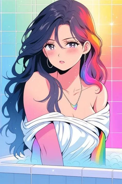 illustrator, bare shoulder,sexy, cleavage, 1 girl,portrait, long hair,simple background, lips, spark ,niji style, towel, necklace, realistic,in the bathroom, steamy, steam , sad,Rainbow gradient background, (masterpiece,best quality)