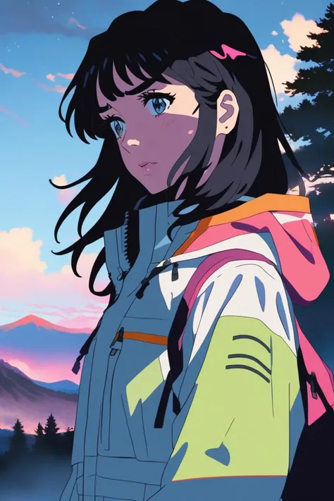 your name, anime style , minimalism style, Dua Lipa, portrait, Windbreaker, pepperoni, Biosphere, DayGlo hair, Rafael Albuquerque, Deep, shadowy eyes, textured shading, Intense emotional depth, Captivatingly eerie presence, Camping, (masterpiece,best quality)