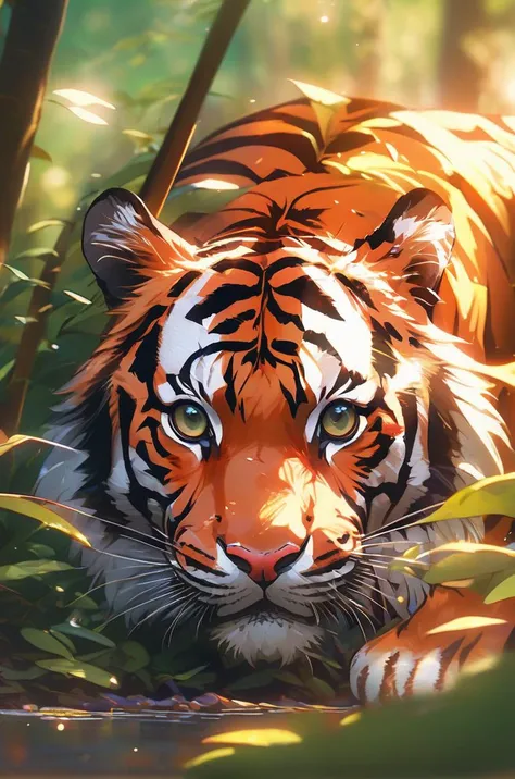 cinematic photo (((masterpiece))),(best quality),best quality,masterpiece,highly detailed,((ultra-detailed)),professional,35mm photograph,4k,illustrator,
In the dreamy forest,miamuly,crazy_smile,happy,the tiger hid behind the leaves to peek,macro shot,beautiful eyes,colorful details,natural lighting,amazing composition,subsurface scattering,amazing textures,soft light,film,bokeh,