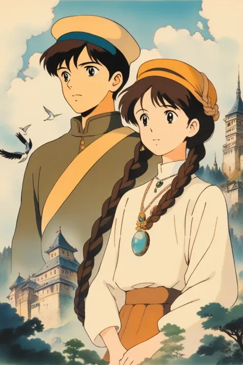 portrait art style, Castle In The Sky, ghibli, 1girl, brown hair, black hair, 1boy, hat, jewelry, braid, hairband, necklace, twin braids, bird, retro artstyle, anime coloring, (masterpiece,best quality)